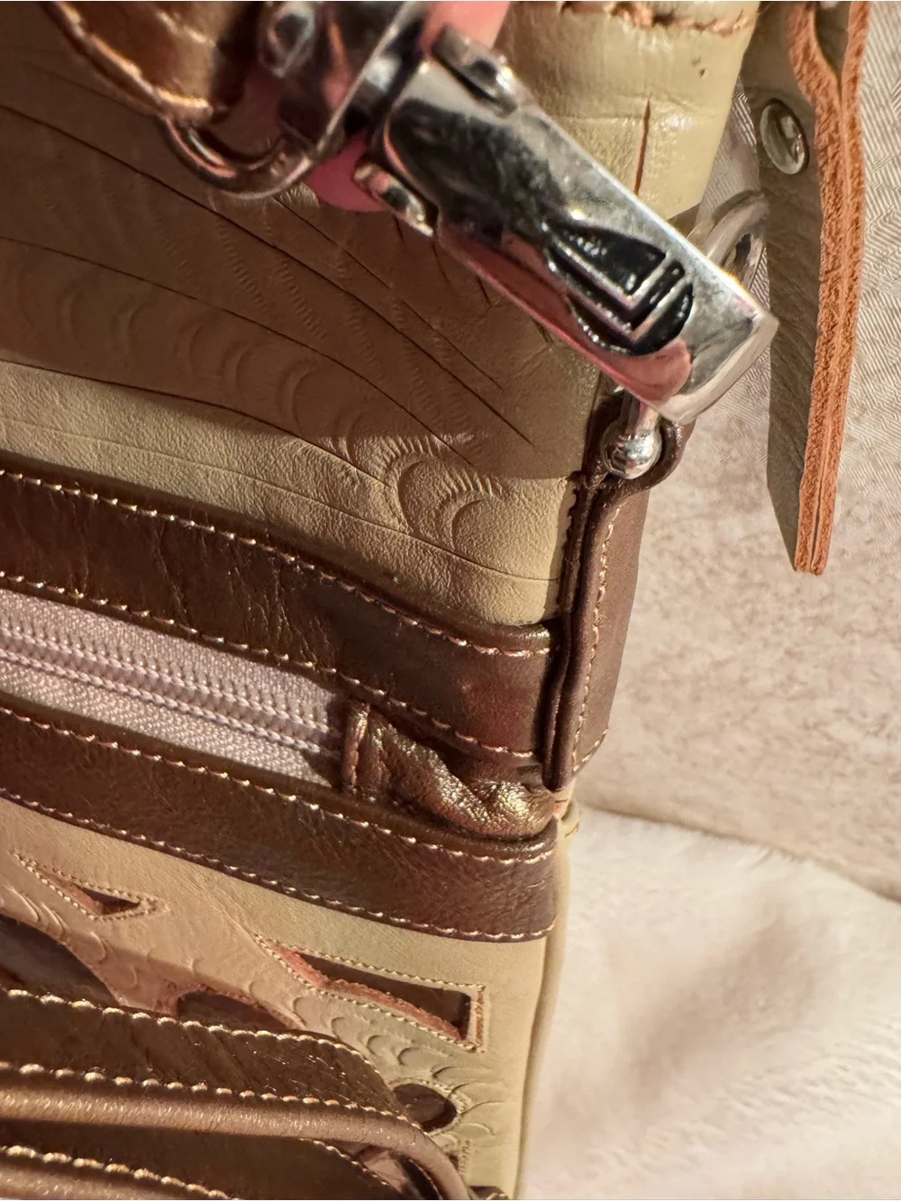 Labrado Leather in Beige and Brown - crossbody Embossed Leather Design - Picture 6 of 15